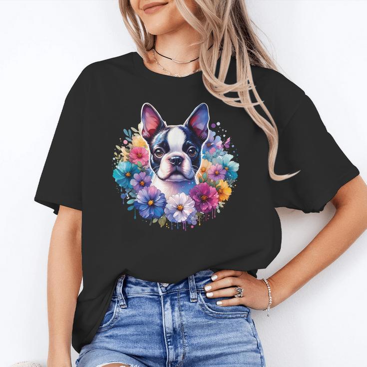 Watercolor Floral Boston Terrier Mama Dog Lover Mother's Day Women's T-Shirt