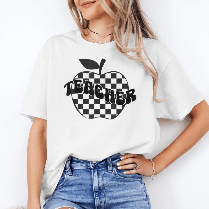 Back To School Checkered Apple Teacher Checkerboard Teacher For Men Women Girls Kids Women's T-Shirt
