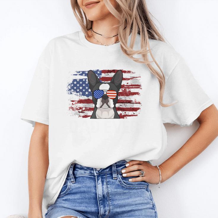 Boston Terrier Dad American Flag 4th Of July Dog Fathers Day Women's T-Shirt