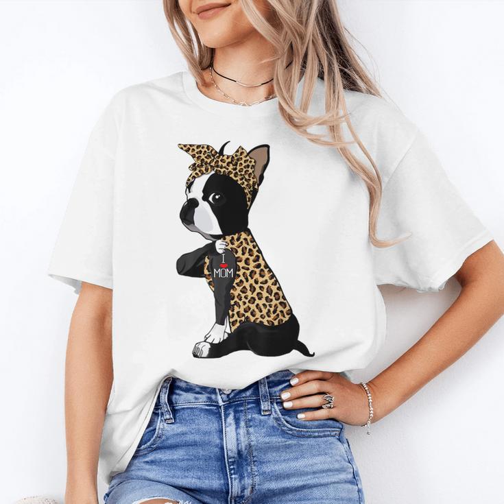 Boston Terrier Lover I Love Mom Tattoo Leopard Women's T-Shirt