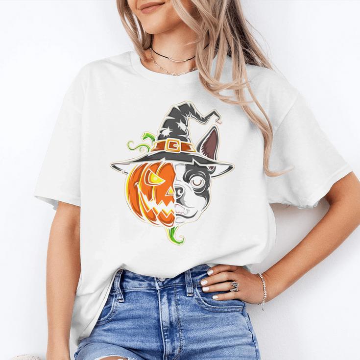 Boston Terrier Pumpkin Jack O Lantern Halloween Women's T-Shirt
