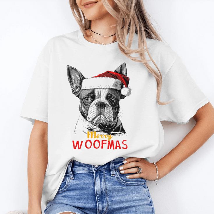Boston Terrier Santa Claus Hat Merry Christmas Dog X-Mas Women's T-Shirt
