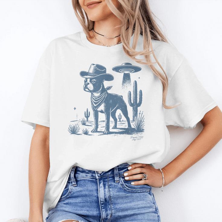 Boston Terrier UFO Cowboy Dog Dog Mom Dog Dad Alien Dog Women's T-Shirt