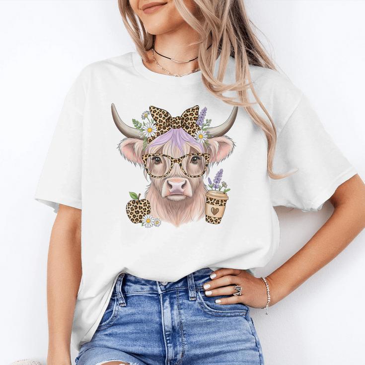 Cute Floral Highland Cow Back To School For Women Teacher Women's T-Shirt