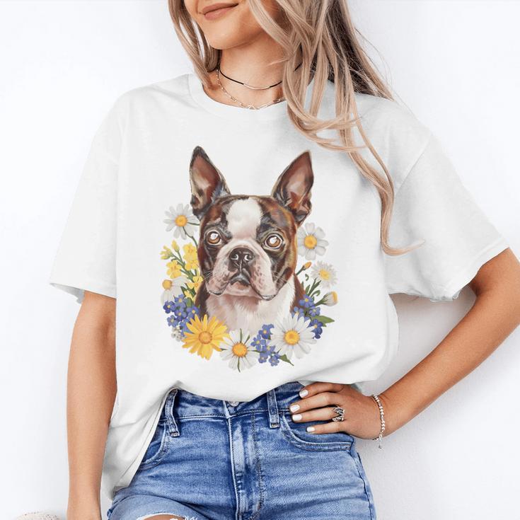 Floral Boston Terrier Women's T-Shirt