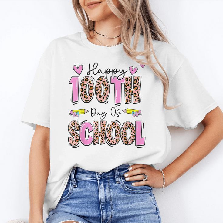 Happy 100th Day Of School Leopard Print Teacher Student Kids Women's T-Shirt