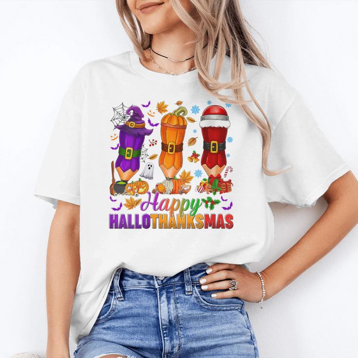 Happy Hallothanksmas Halloween Thanksgiving Pencils Teachers Women's T-Shirt