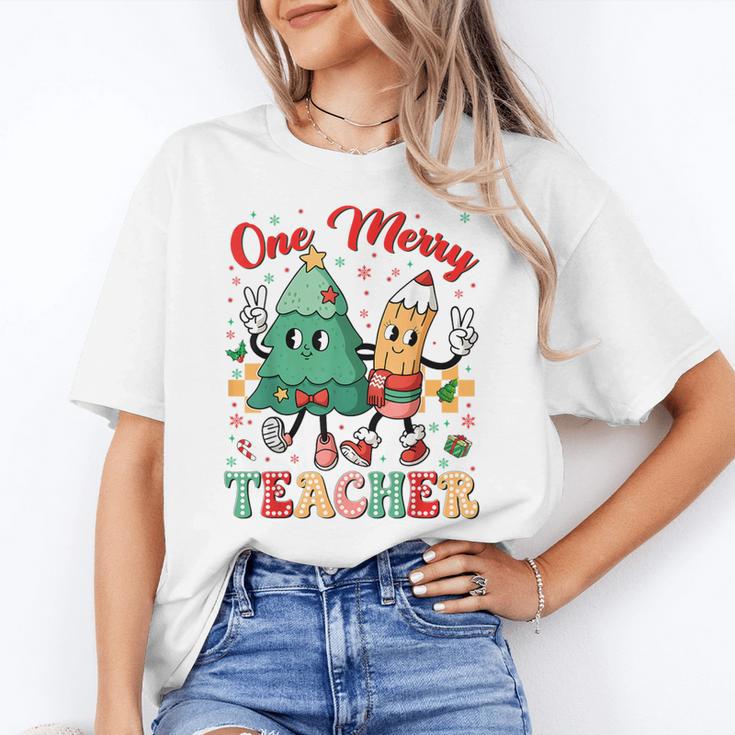 One Merry Teacher Groovy Christmas Tree Pjs Xmas Teacher Women's T-Shirt