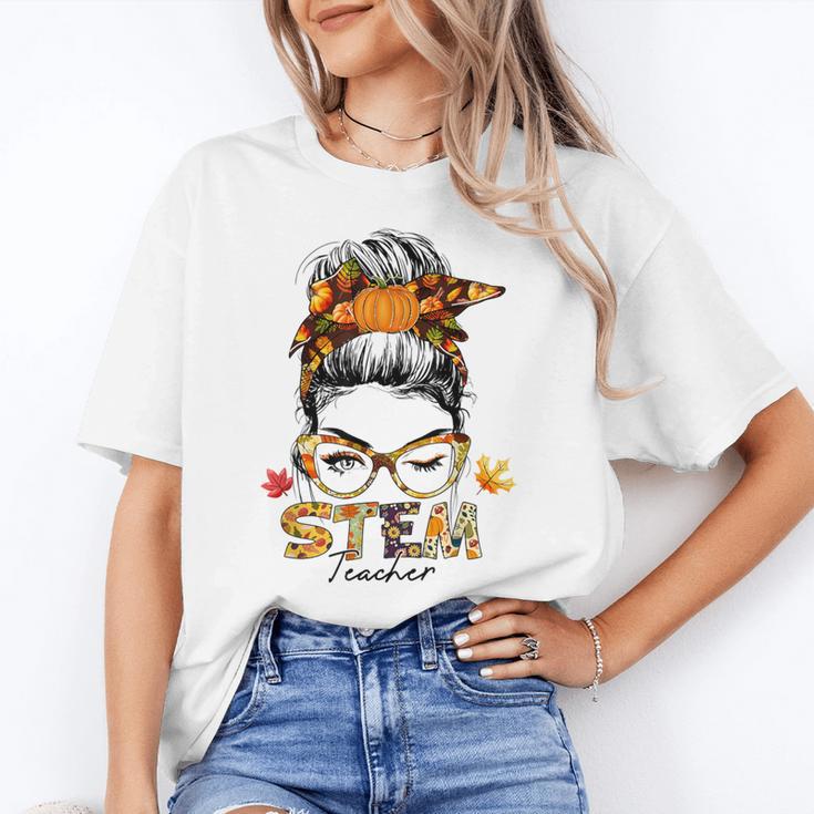 STEM Teacher Messy Bun Fall Vibes Autumn Thanksgiving Men Women Women's T-Shirt