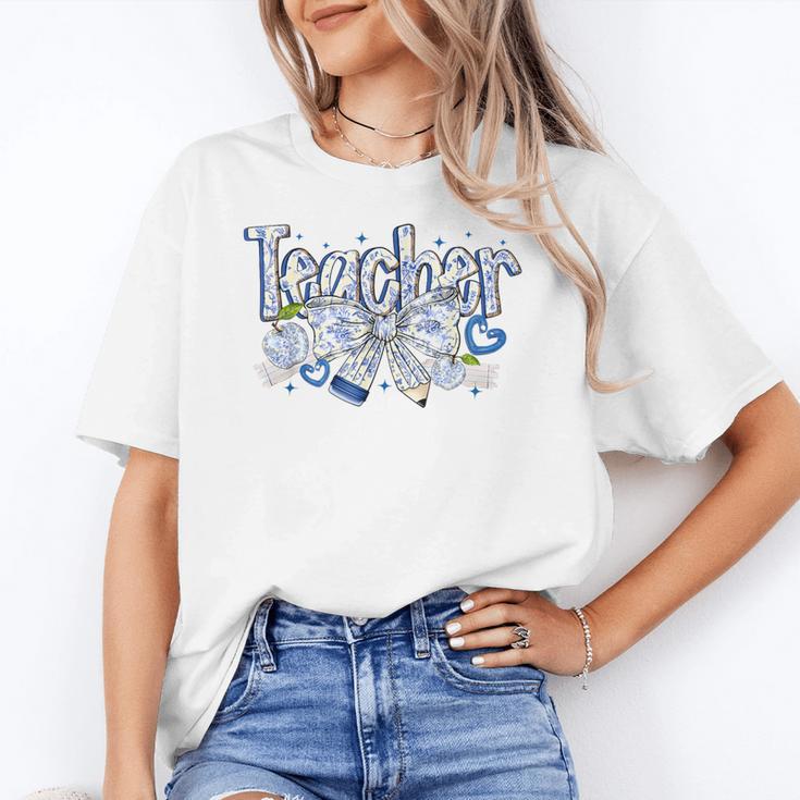 Teacher Blue Chinoiserie Coquette Bow Heart Teacher Life Women's T-Shirt