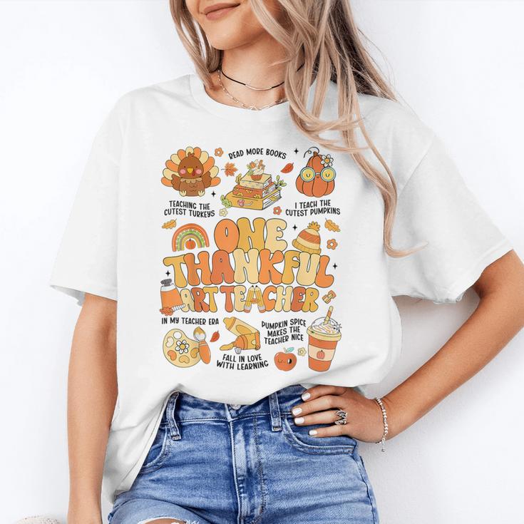 Thanksgiving One Thankful Art Teacher Fall Groovy Men Women Women's T-Shirt