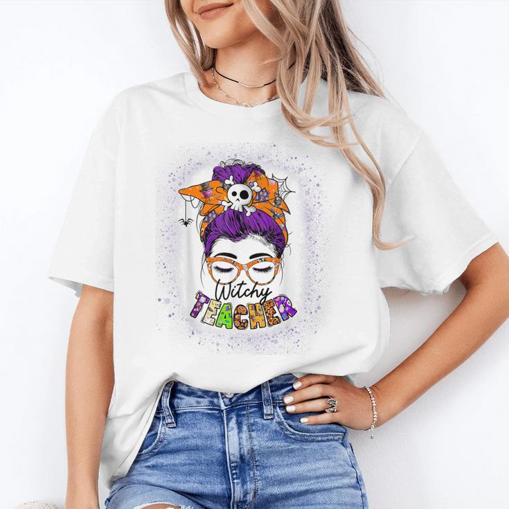 Witchy Teacher Halloween Messy Bun Teacher Bleached Women's T-Shirt