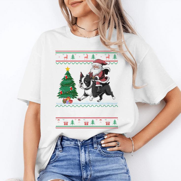 Xmas Tree Lighting Santa Riding Boston Terrier Christmas Women's T-Shirt