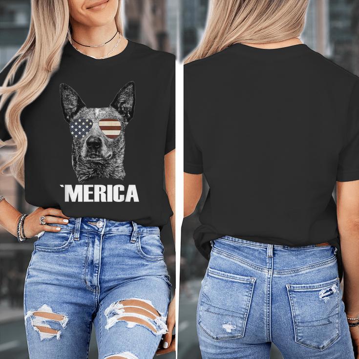 4th July Blue Heeler Dog Merica Patriotic USA Flag Cute Women's T-Shirt, funny design