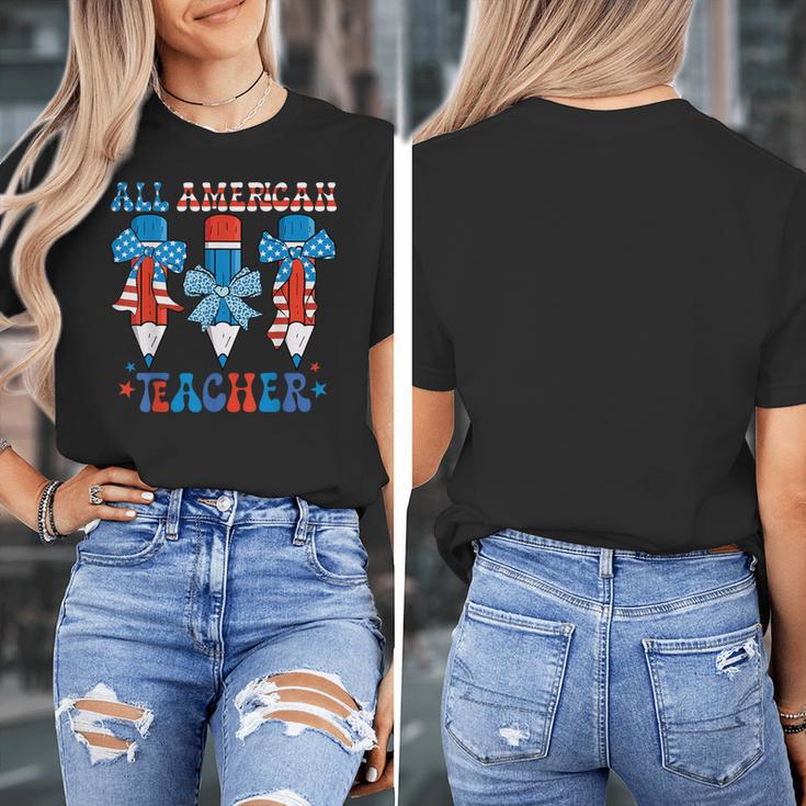 All American Teacher Pencil Coquette Bow USA Flag Teachers Women's T-Shirt, funny design All American Teacher Pencil Coquette Bow USA Flag Teachers Women's T-Shirt, funny design