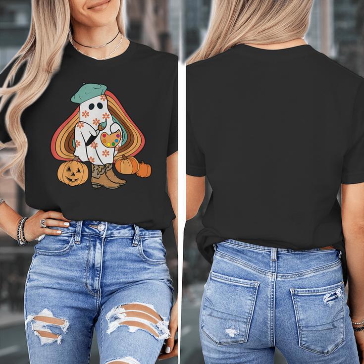 Art Teacher Painting Brushes Retro Pumpkin Ghost Artist Women's T-Shirt, funny design
