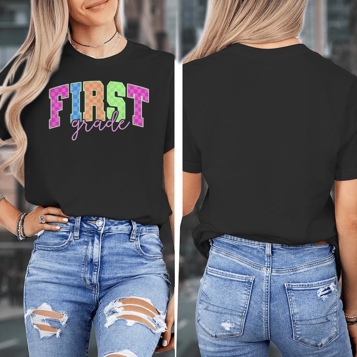 Back To School Neon Checkered First Grade Colorful Teacher Women's T-Shirt, First Grade Teacher Gifts, funny design