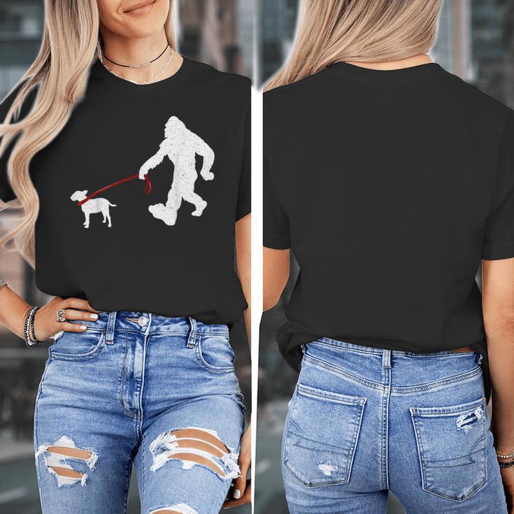 Bigfoot Walking With Bull Terrier Dog Women's T-Shirt, funny design