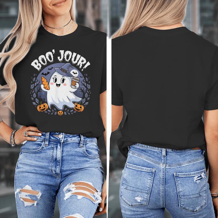 Boo Jour Ghost Halloween French Teacher Cute Coffe Croissant Women's T-Shirt, funny design