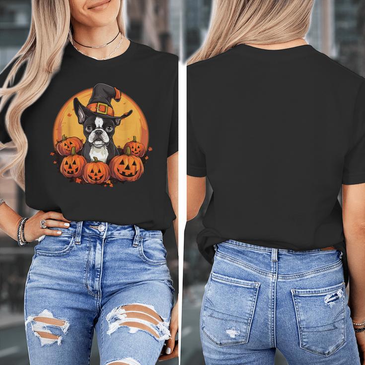 Boston Terrier Bostie Dog Breed Pet Halloween Pumpkins Women's T-Shirt, Boston Terrier Halloween Gifts, funny design
