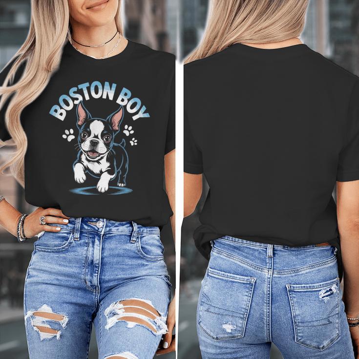 Boston Terrier Boy Cute Cartoon Dog Owner Pet Boston Terrier Women's T-Shirt, funny design