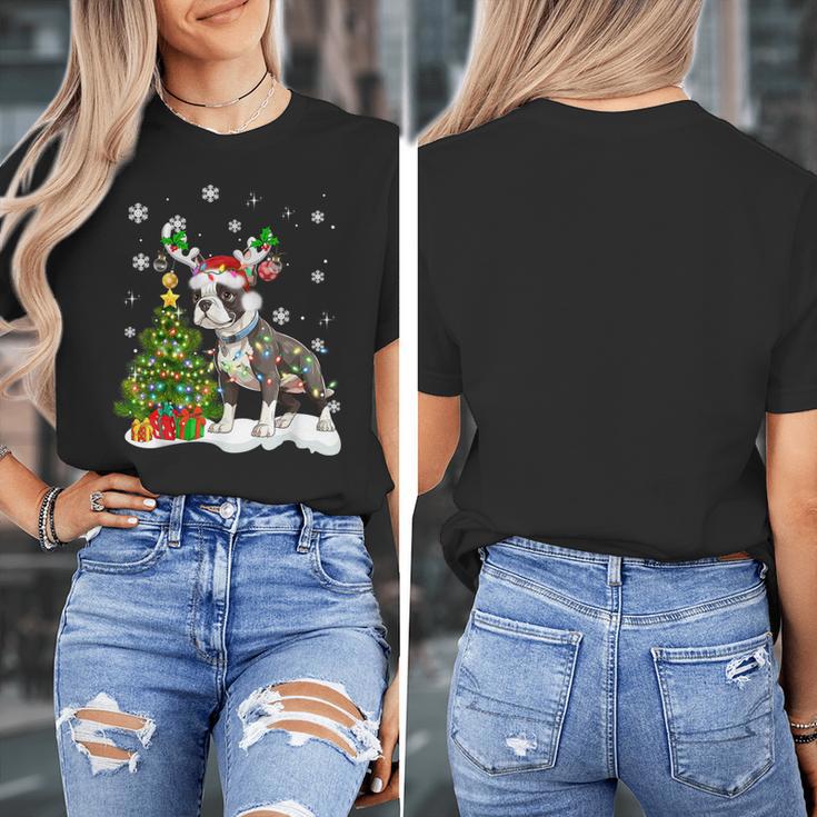 Boston Terrier Christmas Tree Lights Santa Hat Women's T-Shirt, Boston Terrier Christmas Gifts, funny design