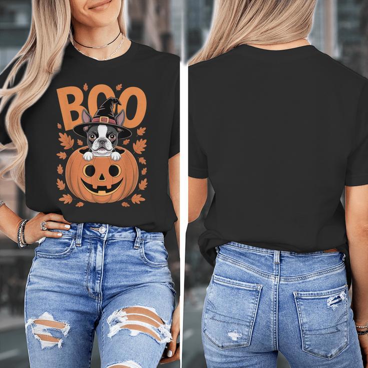 Boston Terrier Costume On Pumpkin Halloween Boston Terrier Women's T-Shirt, Boston Terrier Halloween Gifts, funny design