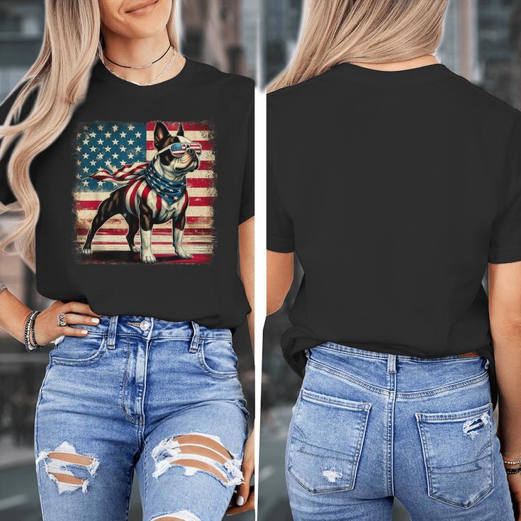 Boston Terrier Dog 4th Of July USA American Flag Patriotic Women's T-Shirt, Patriotic Boston Terrier Gifts, American Boston Terrier Gifts, Boston Terrier 4th Of July Gifts, funny design