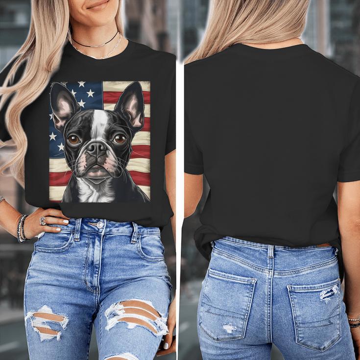 Boston Terrier Dog American Flag 4th Of July Patriotic Puppy Women's T-Shirt, Patriotic Boston Terrier Gifts, American Boston Terrier Gifts, Boston Terrier 4th Of July Gifts, funny design