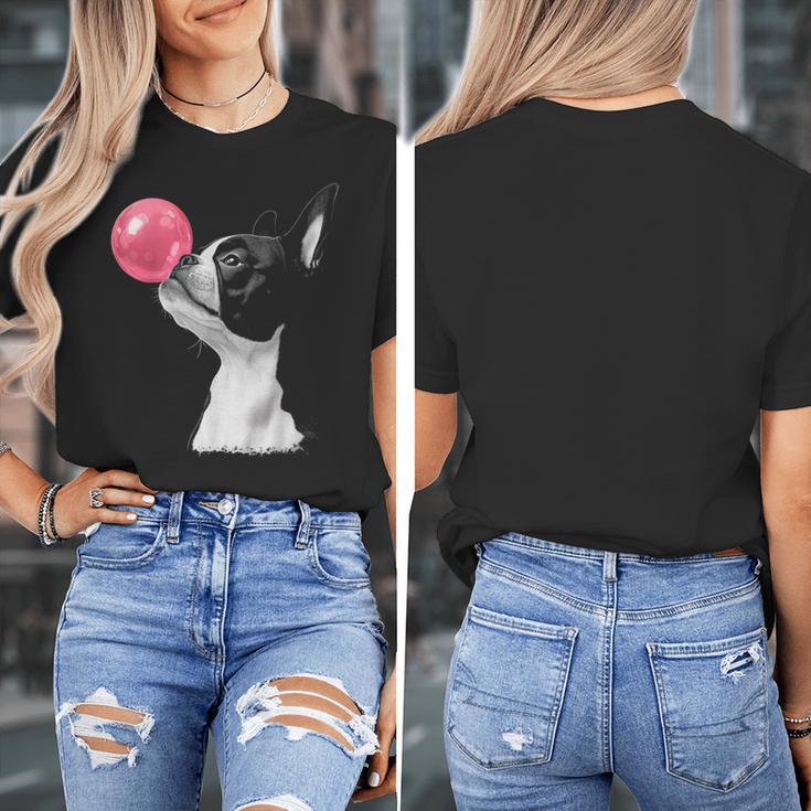 Boston Terrier Dog Blowing Chewing Bubble Gum Pink Women's T-Shirt, funny design