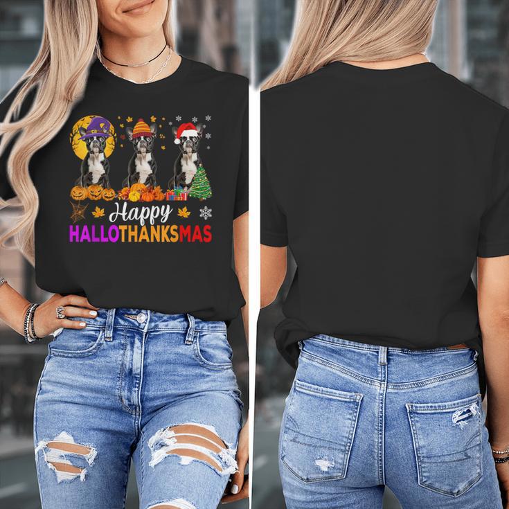 Boston Terrier Dog Halloween Christmas Hallothanksmas Men Women Kids Women's T-Shirt, Boston Terrier Christmas Gifts, Boston Terrier Halloween Gifts, funny design