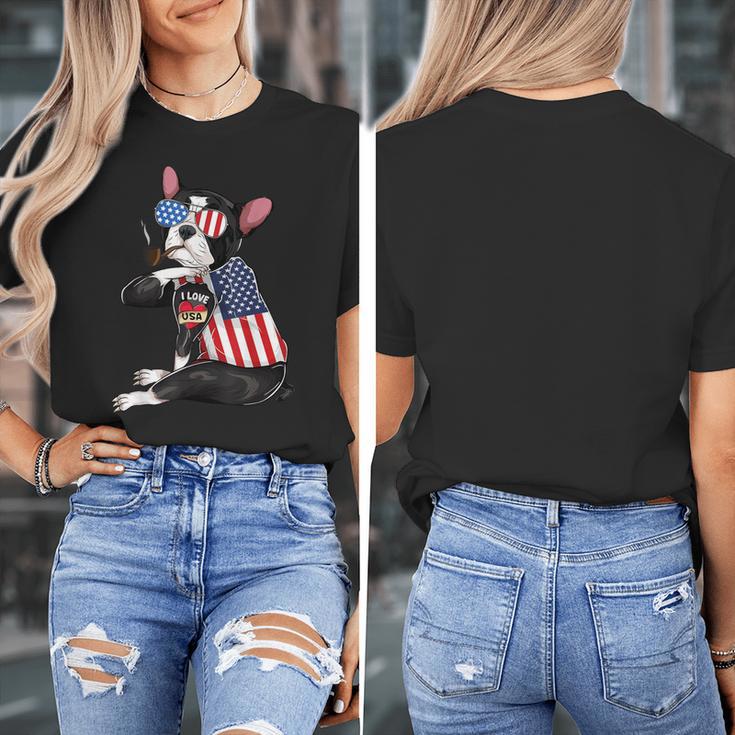 Boston Terrier Dog Merica 4th Of July Usa American Flag Men Women's T-Shirt, American Boston Terrier Gifts, Boston Terrier 4th Of July Gifts, funny design