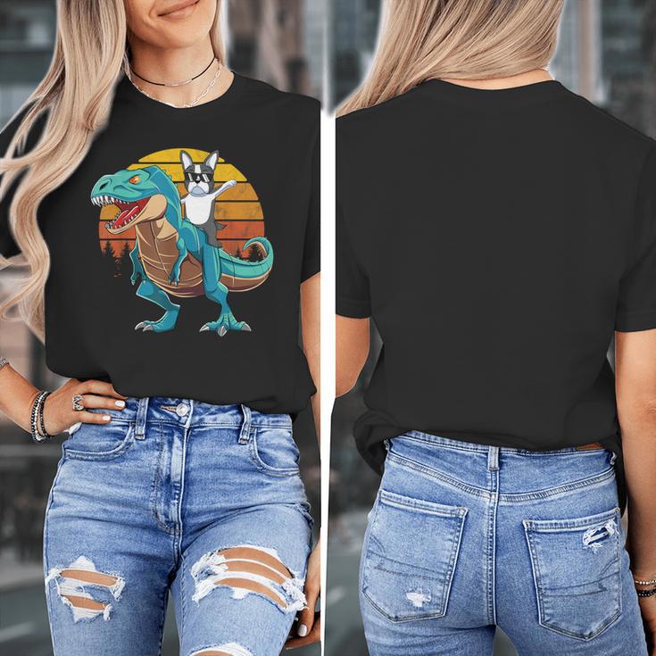 Boston Terrier Dog Riding Dinosaur T Rex Boys Women's T-Shirt, Boston Terrier Riding Gifts, funny design