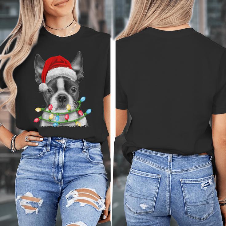 Boston Terrier Dog Santa Christmas Tree Lights Xmas Women's T-Shirt, Boston Terrier Christmas Gifts, funny design