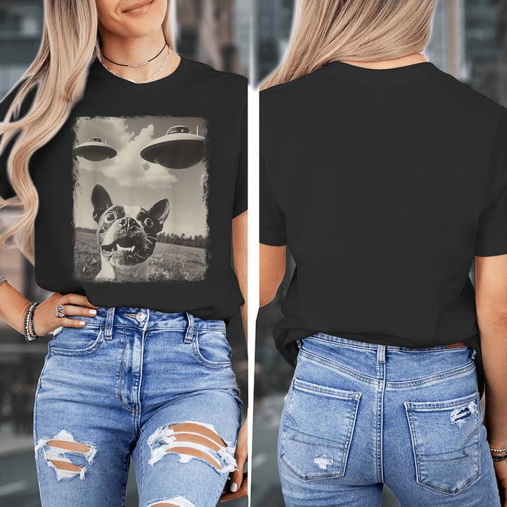 Boston Terrier Dog UFO Alien Extraterrestrial Selfie Women's T-Shirt, funny design
