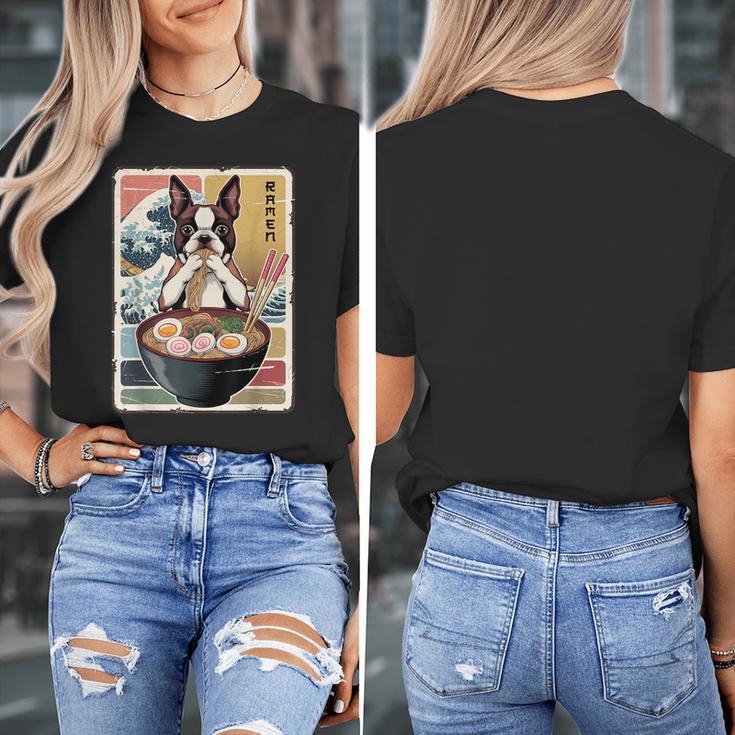 Boston Terrier Ramen Noodles Japanese Art Retro Ocean Waves Women's T-Shirt, funny design