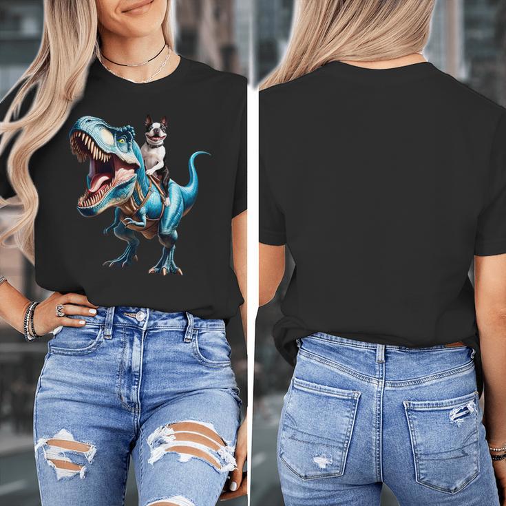 Boston Terrier Riding T-Rex Dinosaur Dog Lover Women's T-Shirt, Boston Terrier Riding Gifts, funny design