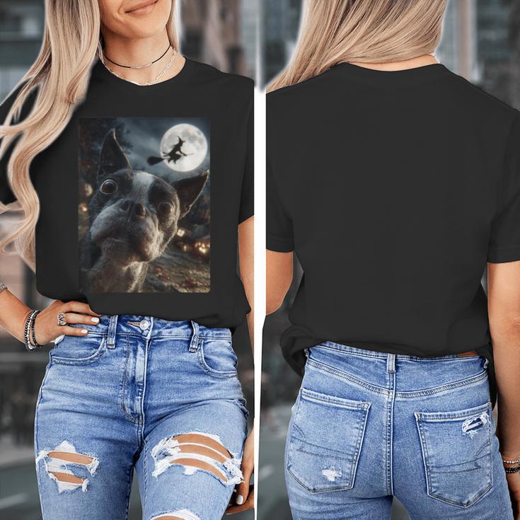 Boston Terrier Selfie Full Moon Flying Witch Halloween Dog Women's T-Shirt, Boston Terrier Halloween Gifts, funny design