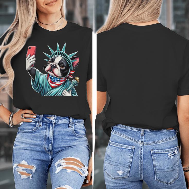 Boston Terrier Selfie Statue Of Liberty 4th Of July American Women's T-Shirt, American Boston Terrier Gifts, Boston Terrier 4th Of July Gifts, funny design