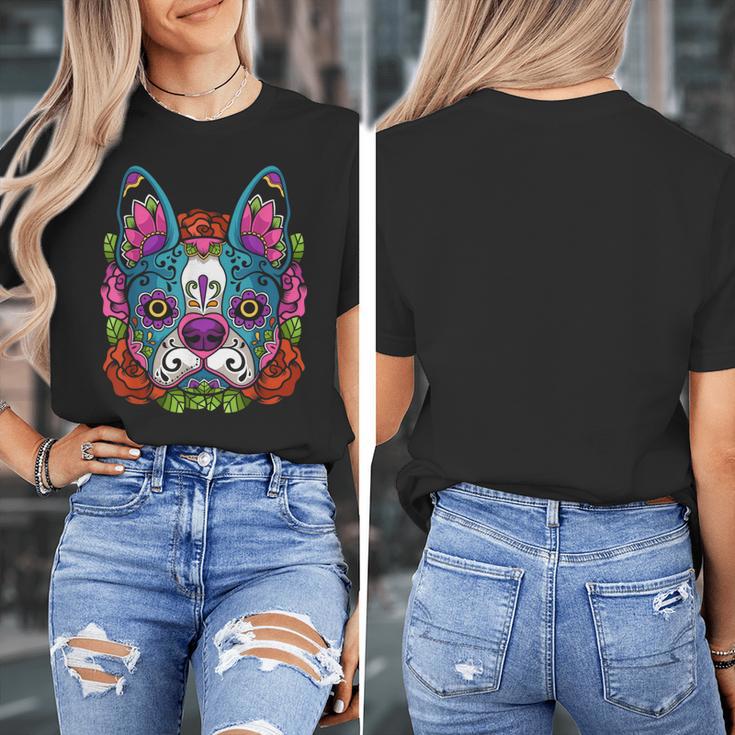 Boston Terrier Sugar Skull Dog Day Of The Dead Women's T-Shirt, funny design