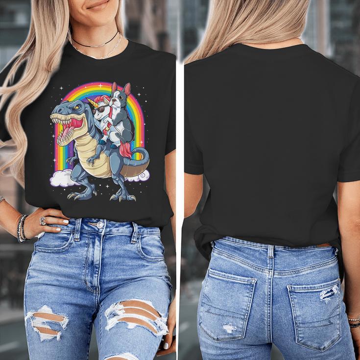 Boston Terrier Unicorn Riding Dinosaur T-Rex Girls Rainbow Women's T-Shirt, Boston Terrier Riding Gifts, funny design