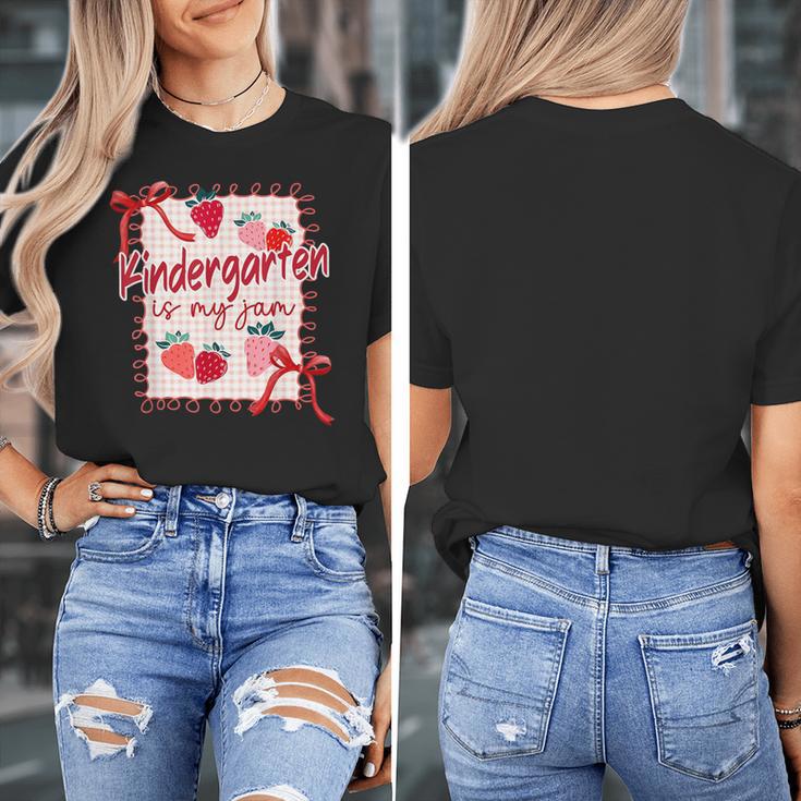 Bow Strawberry Kindergarten Is My Jam Teacher Kinder Team Women's T-Shirt, funny design