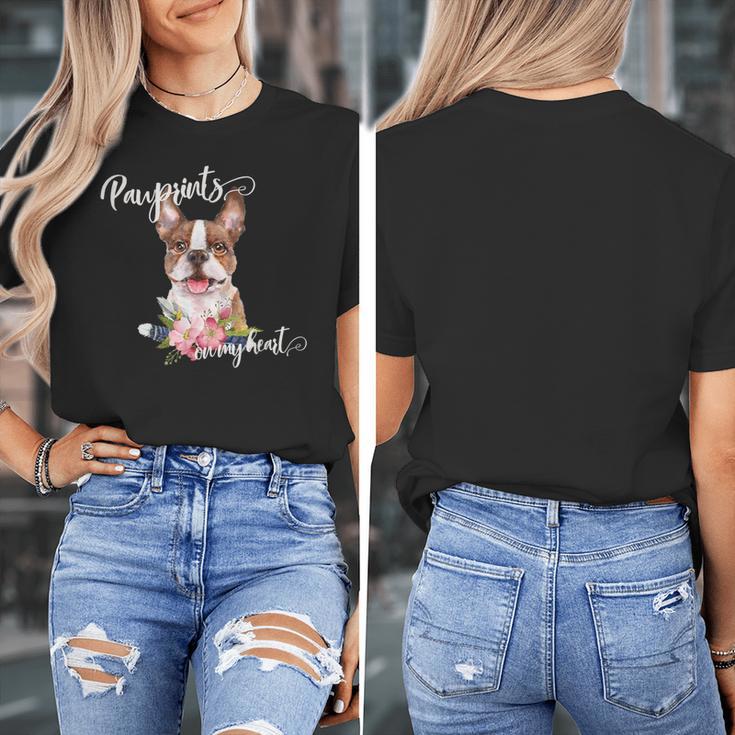 Brown Boston Terrier With Flowers And Feathers Women's T-Shirt, funny design