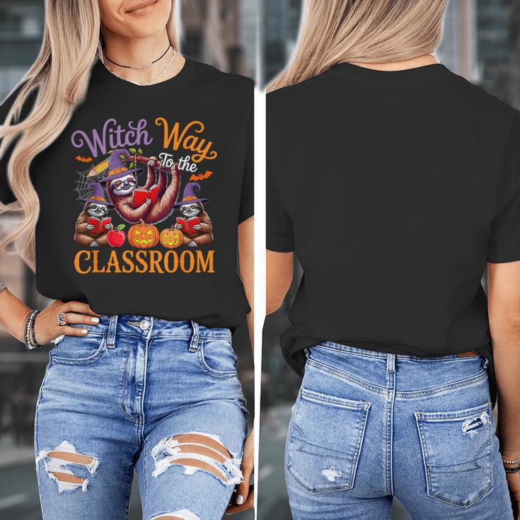 Way To Classroom Halloween Witch Three Cute Sloths Teacher Women's T-Shirt, funny design Way To Classroom Halloween Witch Three Cute Sloths Teacher Women's T-Shirt, funny design