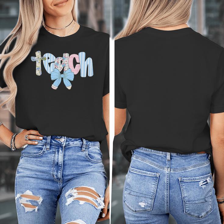 Coquette Bow Teach Teacher Happy First Day Back To School Women's T-Shirt, funny design Coquette Bow Teach Teacher Happy First Day Back To School Women's T-Shirt, funny design