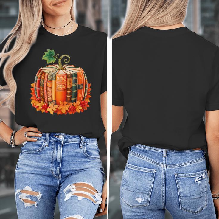 Fall Book Autumn Reading Teacher Halloween Pumpkin Season Women's T-Shirt, funny design