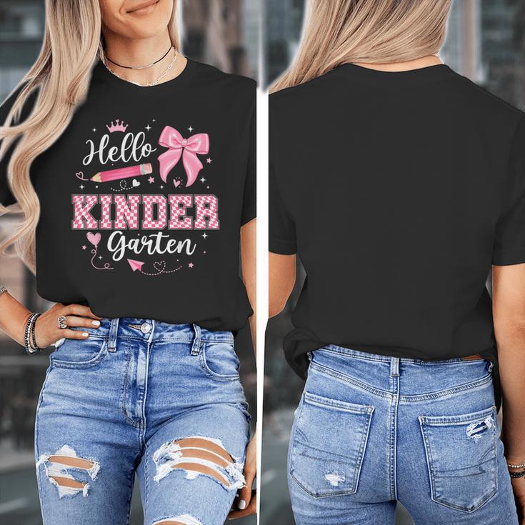 First Day Of School Teacher Girl Coquette Hello Kindergarten Women's T-Shirt, funny design First Day Of School Teacher Girl Coquette Hello Kindergarten Women's T-Shirt, funny design