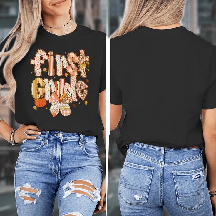 First Grade Fall Floral Coquette Bow Teachers Students Women's T-Shirt, First Grade Teacher Gifts, funny design