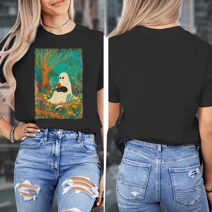 Groovy Ghost Reading Book Cat Halloween Ghost Teacher Women's T-Shirt, Groovy Teacher Gifts, funny design