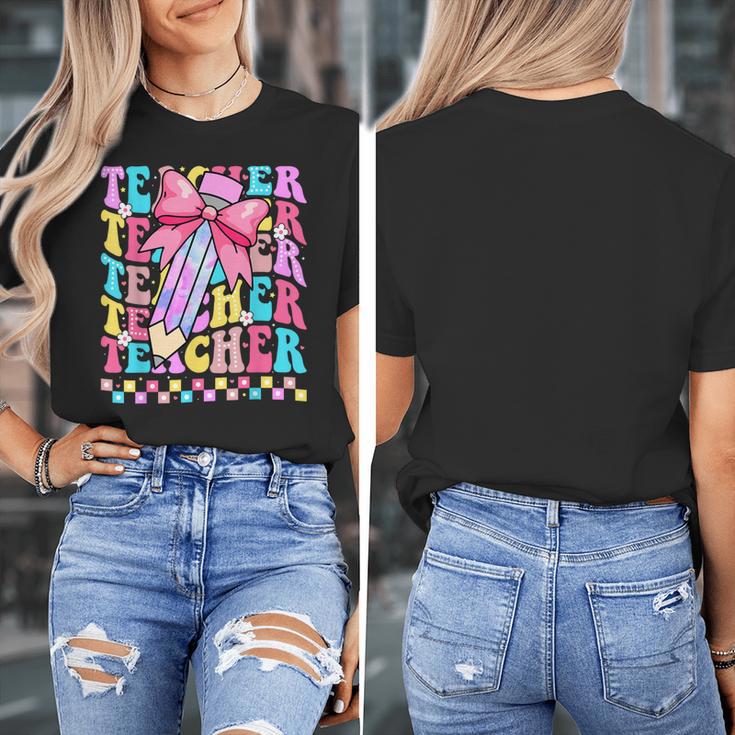 Groovy Teacher Cute Coquette Bow Flower Retro Back To School Women's T-Shirt, Groovy Teacher Gifts, funny design